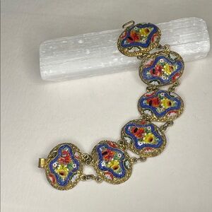 Art Deco Micro Italian Mosaic Floral Brass Colorful Floral Design 20's Bracelet